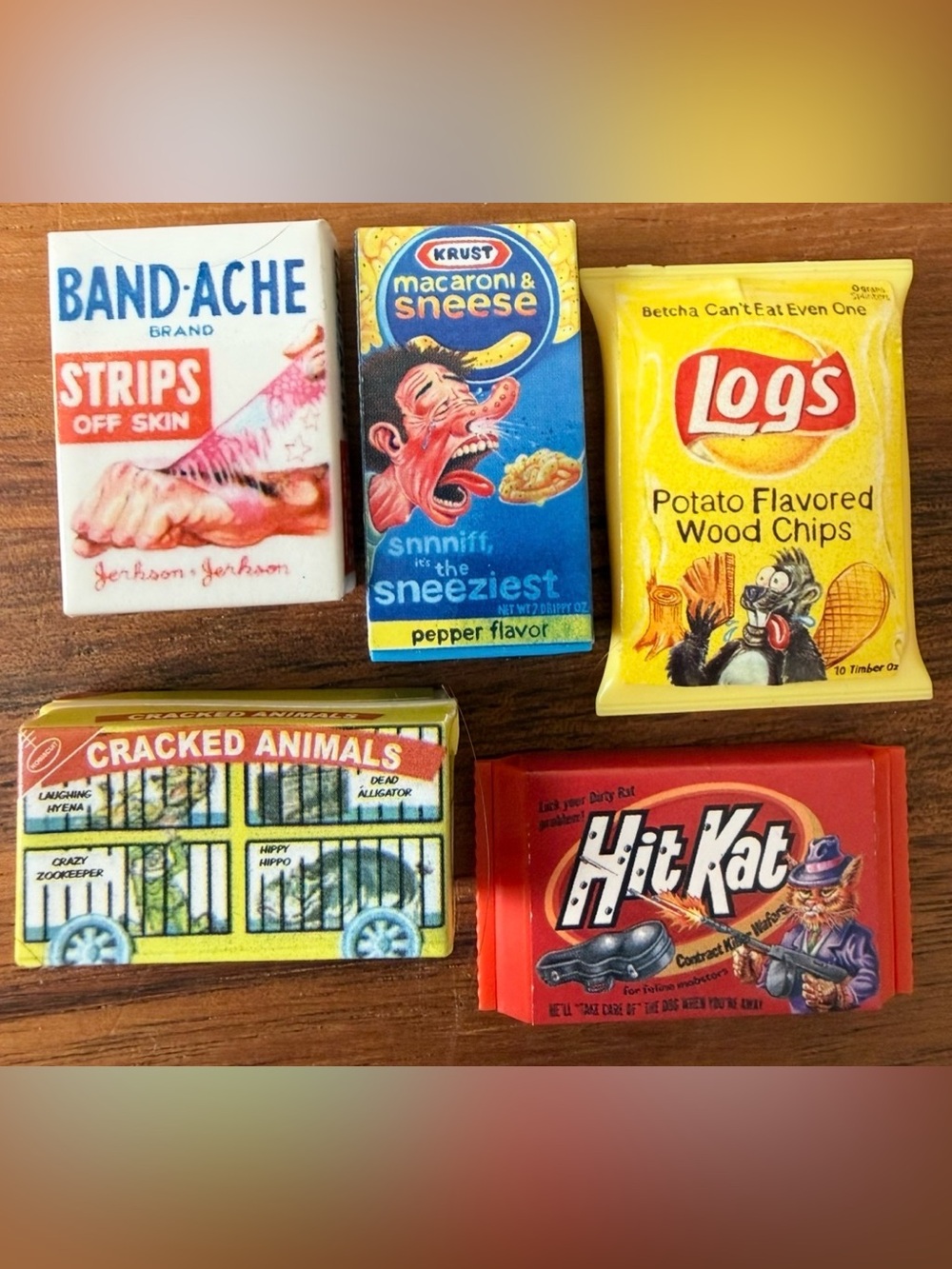 Lot of 5 Wacky Packages Macaroni & Sneese Pepper Hit Kat Band Ache